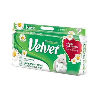 Papier Toaletowy celulozowy VELVET z rumiankiem i aloesem 3-warstwowy biały 8 rolek