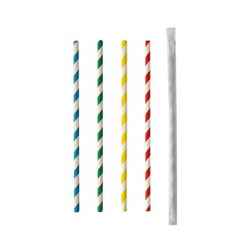 Słomki papierowe mix kolorowy 6 mm x 200 mm pojedynczo pakowane 100 szt.