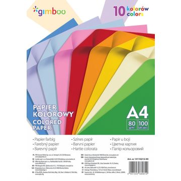 Papier kolorowy GIMBOO, A4, 100 arkuszy, 80gsm, 10 kolorów neonowych