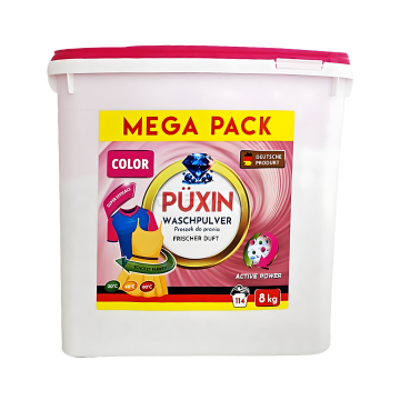 Puxin proszek do prania kolorów, 8 kg, 114 prań, wiadro, do tkanin kolorowych, niemiecki