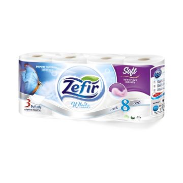 Papier toaletowy Zefir Soft, biały, 3-warstwowy, 8 rolek, 144m