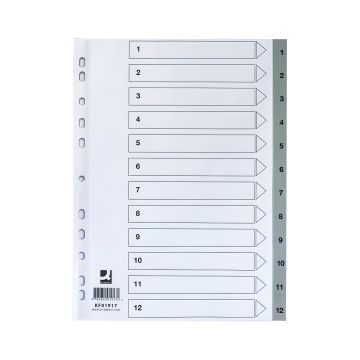 Przekładki biurowe Q-CONNECT z tworzywa PP A4 225x297mm indeksy 1-12 szare 12 szt