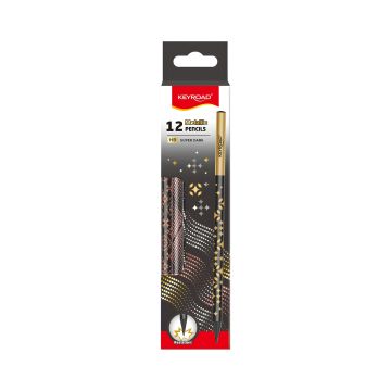 Ołówek KEYROAD Metallic okrągły z czarnym drewnem holograficzne wzory 12 szt.