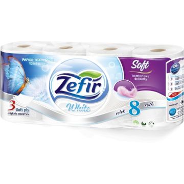 Papier toaletowy Zefir Soft, biały, 3-warstwowy, 8 rolek, 144m