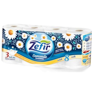 Papier toaletowy Zefir Rumianek, biały, 3-warstwowy, 8 rolek, 144m, z rumiankiem