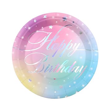 Talerze papierowe Happy Birthday dekoracyjne mix kolorów 18 cm 8 sztuk