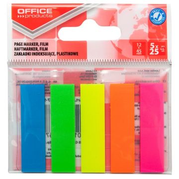Zakładki indeksujące OFFICE PRODUCTS, standard, PP, 12x45mm, 5x25 kart., zawieszka, mix kolorów