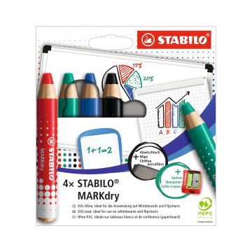 Kredka do tablic suchościeralnych STABILO MARK dry etui 4 szt. z temperówką i ściereczką