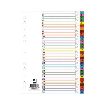 Przekładki kartonowe Q-CONNECT Mylar A4 1-31, 31 kart, laminowane indeksy, mix kolorów