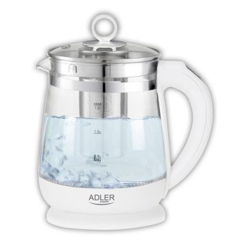Czajnik Elektryczny Adler Ad 1299, 1,5L, Z Regulacją Temperatury I Zaparzaczem, Szklany, Biały