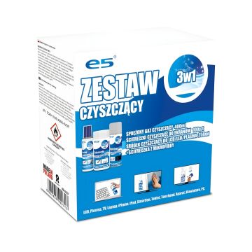 Zestaw czyszczący E5 do ekranów LCD z chusteczkami, sprężonym powietrzem i mikrofibrą