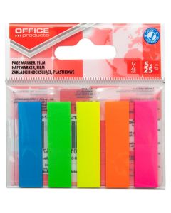 Zakładki indeksujące OFFICE PRODUCTS, standard, PP, 12x45mm, 5x25 kart., zawieszka, mix kolor&oacute;w