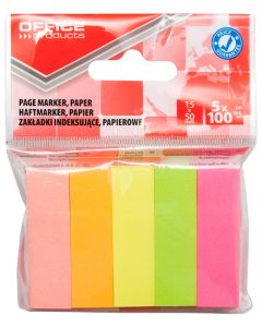 Zakładki indeksujące OFFICE PRODUCTS, papier, 15x50mm, 5x100 kart., zawieszka, mix kolor&oacute;w