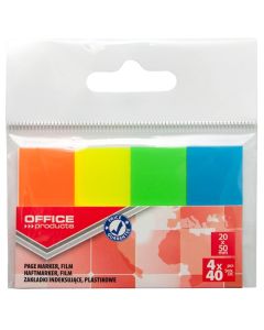 Zakładki indeksujące OFFICE PRODUCTS, PP, 20x50mm, 4x40 kart., zawieszka, mix kolor&oacute;w neon