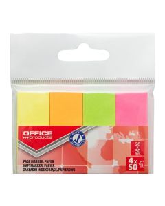 Zakładki indeksujące OFFICE PRODUCTS, papier, 20x50mm, 4x50 kart., zawieszka, mix kolor&oacute;w neon