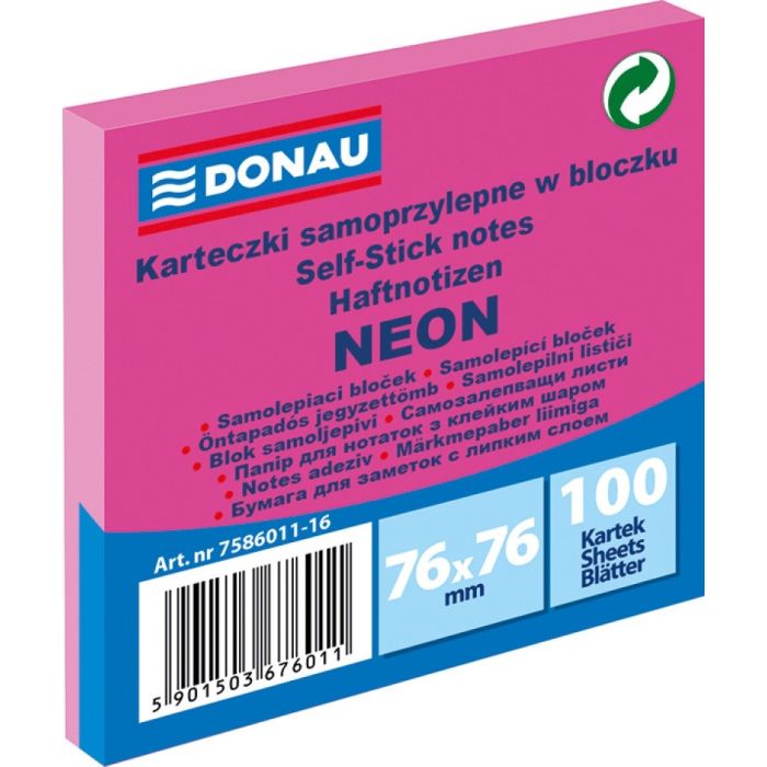 Bloczek\u0020samoprzylepny\u0020DONAU,\u002076x76mm,\u00201x100\u0020kart.,\u0020neon,\u0020r\u00F3\u017Cowy\u0020\u002D\u0020zdj\u0119cie\u00201