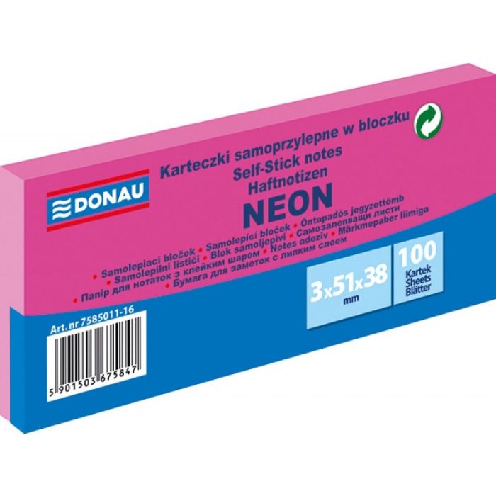 Bloczek\u0020samoprzylepny\u0020DONAU,\u002038x51mm,\u00203x100\u0020kart.,\u0020neon,\u0020r\u00F3\u017Cowy\u0020\u002D\u0020zdj\u0119cie\u00201