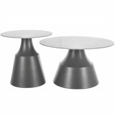 Zestaw okrągłych ław kawowych ceramika metal biało-szary Loft Signal