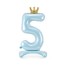 Stojący Balon Foliowy Cyfra 5 Błękitny z Koroną 84 cm