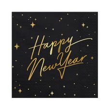 Serwetki Papierowe Happy New Year Czarny Złoty Nadruk 33x33cm 20 sztuk