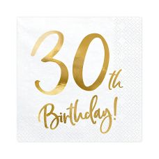 Serwetki papierowe białe 33x33cm z motywem 30th Birthday - 20 sztuk