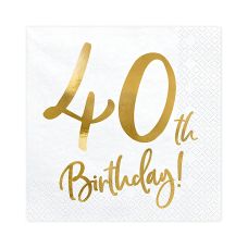 Serwetki Papierowe 40th Birthday Białe Złoty Wzór 33x33cm (20 sztuk)
