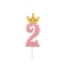 Świeczka urodzinowa Party Go cyfra 2 z koroną różowa wysokość 6,8 cm