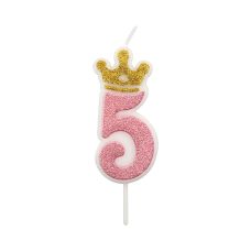 Świeczka urodzinowa z koroną cyfra 5 różowa wysokość 6,8 cm