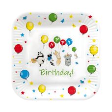 Talerz papierowy kwadratowy z wzorem Baloons kolorowy 23 x 23 cm 8 sztuk