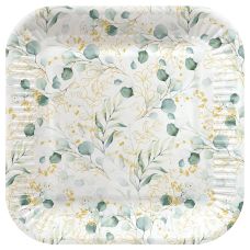Talerz papierowy kwadratowy Eucalyptus zielony wzór 23 x 23 cm 8 sztuk