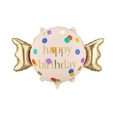 Balon foliowy Cukierek "Happy Birthday", 61x37 cm, beżowo-złoty
