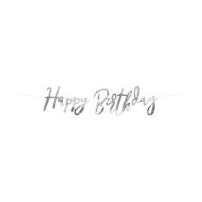 Baner Dekoracyjny Happy Birthday Srebrny Papier Lustrzany 16,5x62cm