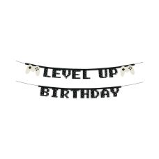 Baner Dekoracyjny "Level Up Birthday" Czarny z Kolorowym Nadrukiem 2.5 m