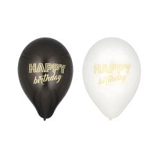 Balony lateksowe Happy Birthday czarne i białe średnica 25 cm opakowanie 6 sztuk