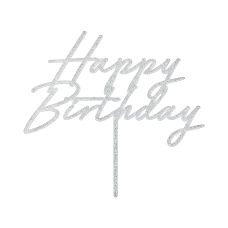 Topper Akrylowy na Tort Happy Birthday Srebrny Brokatowy 18x16.5 cm