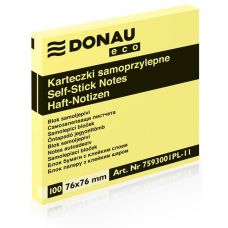 Bloczek samoprzylepny DONAU Eco, 76x76mm, 1x100 kart., jasnożółty