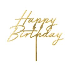 Topper Akrylowy na Tort Happy Birthday Złoty 18x16.5 cm