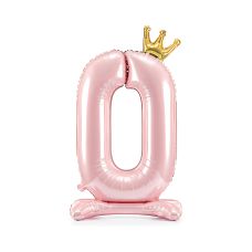 Stojący Balon Foliowy Cyfra 0 Jasnoróżowy z Koroną 84 cm