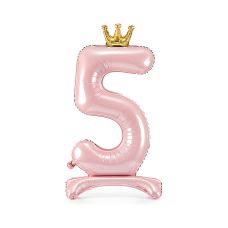 Stojący balon foliowy cyfra "5" jasny róż 84 cm ze złotą koroną