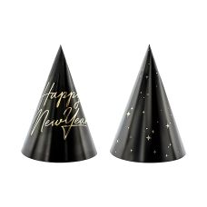 Czapeczki Papierowe Happy New Year Czarne Złoty Nadruk 16cm (6 sztuk)