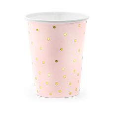 Kubeczki Papierowe Jasnoróżowe Złote Kropki 260 ml (1 opakowanie / 6 sztuk)