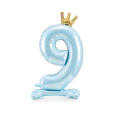 Stojący Balon Foliowy Cyfra 9 Błękitny ze Złotą Koroną 84 cm