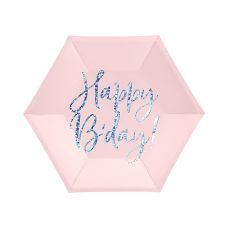 Talerzyki Papierowe Happy B'day! Pudrowy Róż 20cm (6 sztuk)