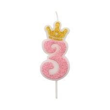 Świeczka urodzinowa cyfra 3 z koroną różowa 6,8 cm