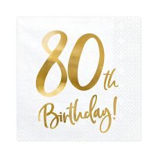 Serwetki Papierowe Białe Złoty Nadruk 80th Birthday 33x33 cm 20 sztuk