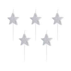 Świeczki Urodzinowe Gwiazdki Srebrne Brokatowe 3,5cm (1 opakowanie / 5 sztuk)