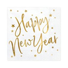 Serwetki papierowe białe Happy New Year złote gwiazdy 33x33cm 20 sztuk
