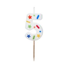 Świeczka Urodzinowa Cyfra "5" Biała Konfetti 5.5cm