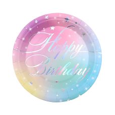 Talerze papierowe Happy Birthday dekoracyjne mix kolorów 18 cm 8 sztuk