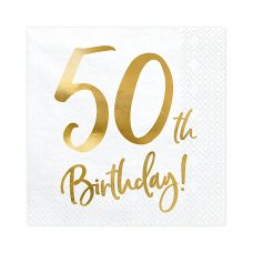 Serwetki Papierowe 50th Birthday Białe ze Złotym Wzorem 33x33cm 20 sztuk